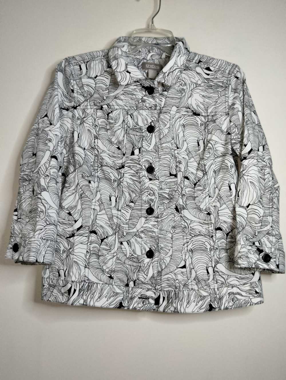 Chico's (Size 1/M/8) Black & White Elephant Novelty Button Down Front Jacket